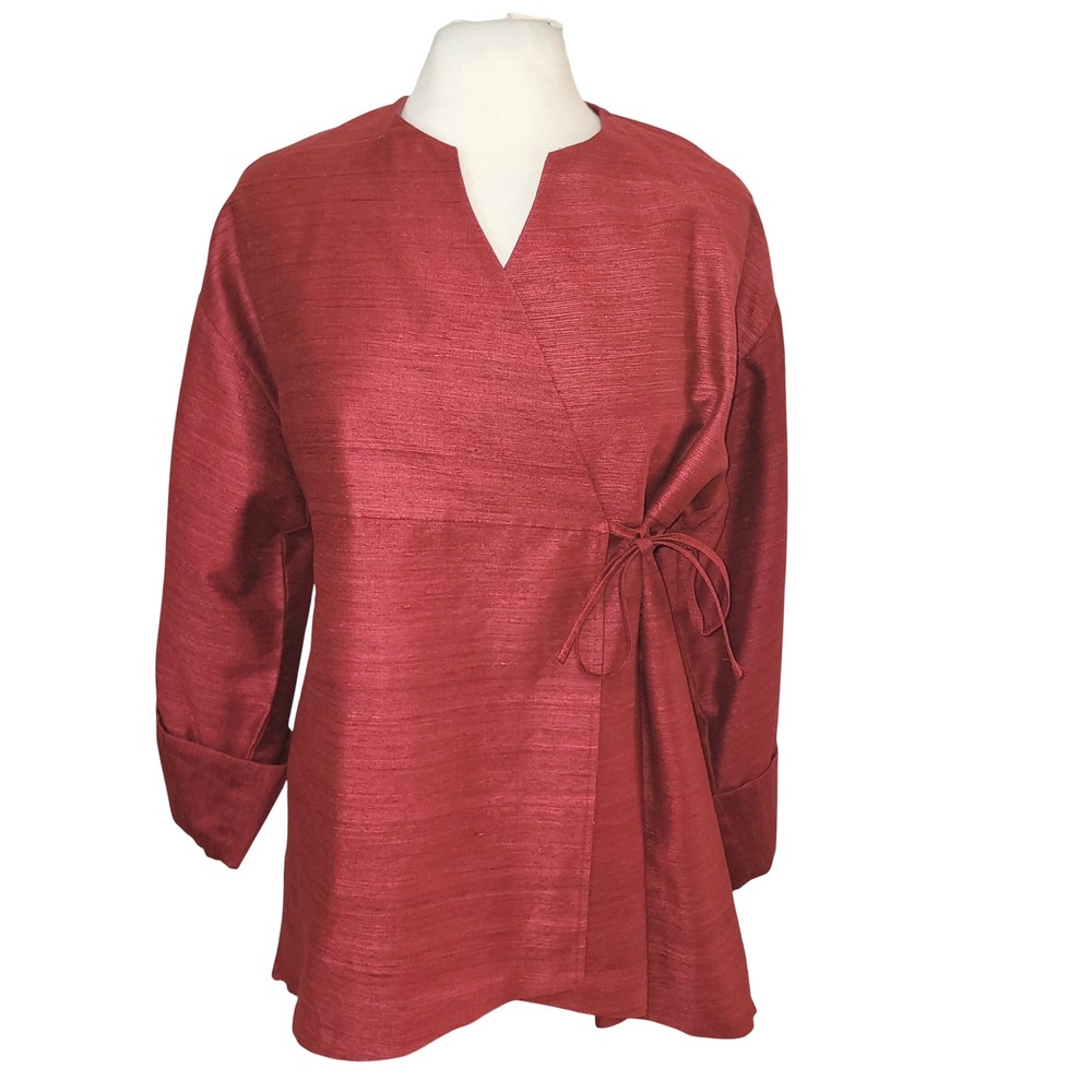 Lorain Croft Designer Red Raw Silk Wrap Couture Runway Kimono Samurai Jacket S